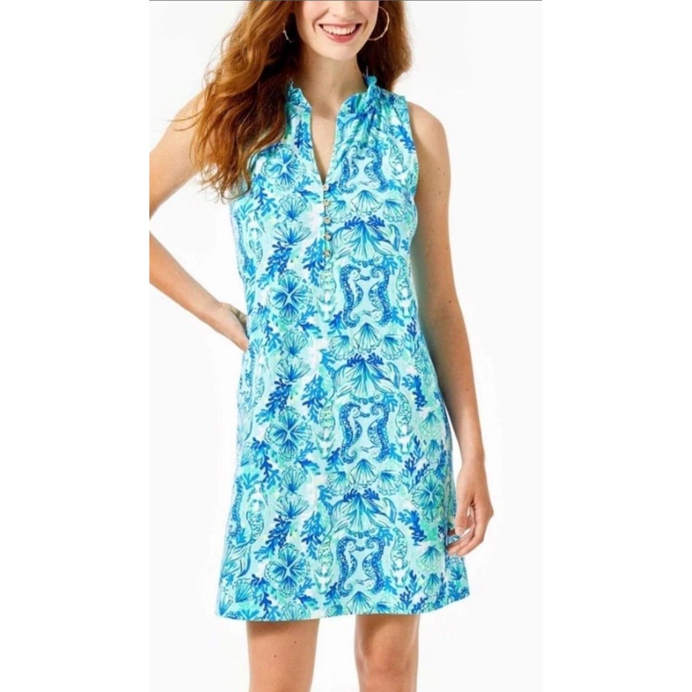 Lilly Pulitzer Azlynn Dress Women XL Sea Glass Aqua Seahorse Ruffle Mermaid EUC
